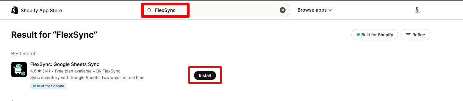 Searching for FlexSync on Shopify App Store