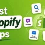 Best Shopify Apps 2026 featured image showing Shopify app categories including SEO, inventory management, reviews, email marketing, dropshipping, and upsells on a Shopify-green background.