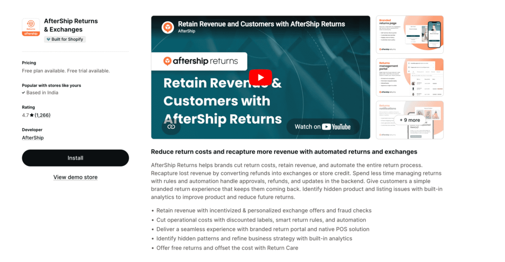 AfterShip Returns and Exchanges Shopify listing showing pricing, rating, returns portal, and automation features.
