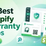 Shopify warranty apps graphic featuring dashboard panels, product registration, claims, and protection icons