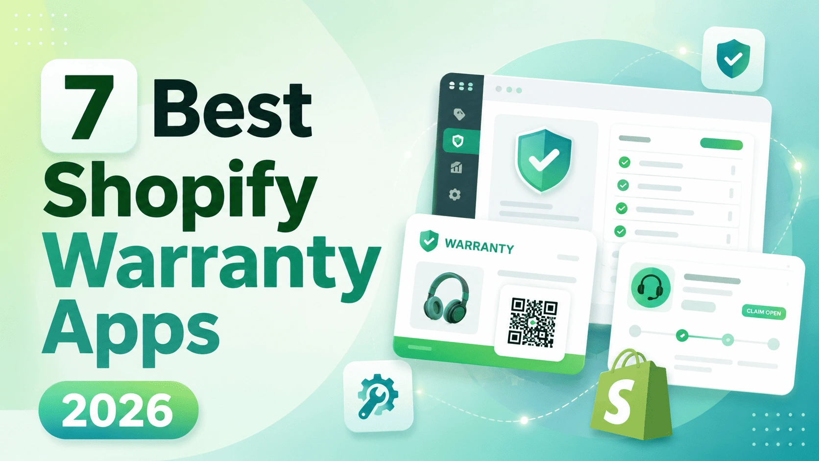 Shopify warranty apps graphic featuring dashboard panels, product registration, claims, and protection icons