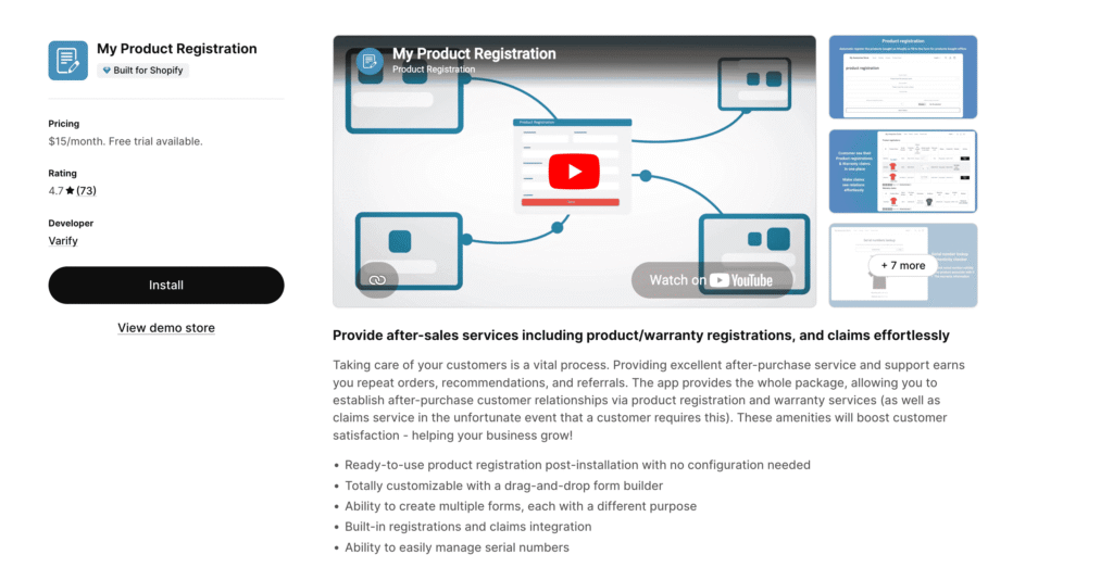 My Product Registration Shopify listing showing pricing, rating, demo video, and registration features
