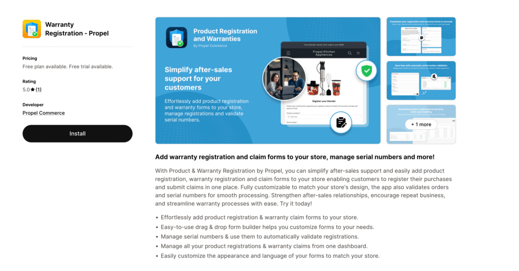 Propel warranty registration Shopify listing showing pricing, rating, product forms, and dashboard preview.