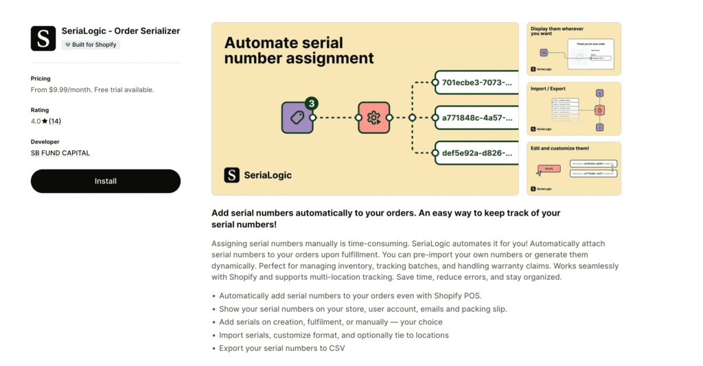 Serialogic Order Serializer Shopify listing showing automated serial assignment, pricing, rating, and tracking tools.

