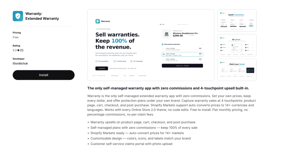 Warranly Extended Warranty Shopify listing showing free pricing, protection plans, branding, and upsell options.

