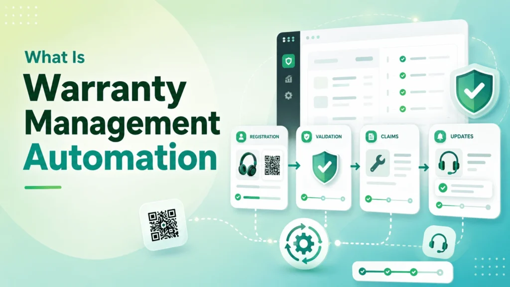 Warranty management automation graphic showing registration, validation, claims, updates, and connected workflow stages.