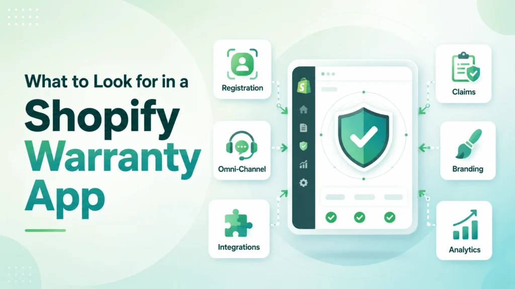 Shopify warranty app checklist graphic highlighting registration, omnichannel support, integrations, claims, branding, analytics.
