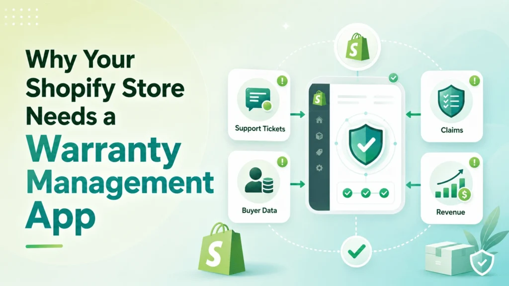 Shopify warranty management app graphic connecting support tickets, buyer data, claims, and revenue.
