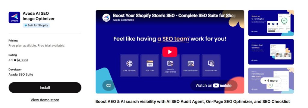 avada seo app store dashboard
