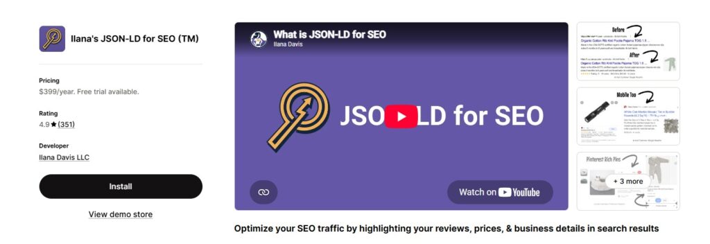 Ilana's JSON-LD for SEO app store dashboard