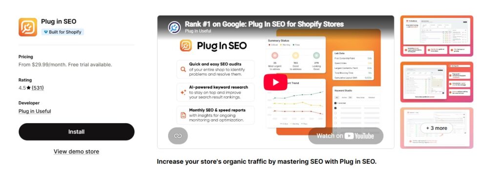 plug in seo app store dashboard