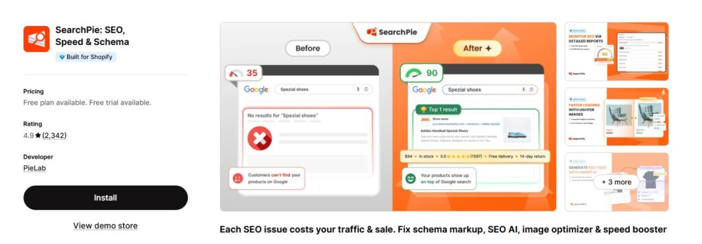 search pie app store dashboard