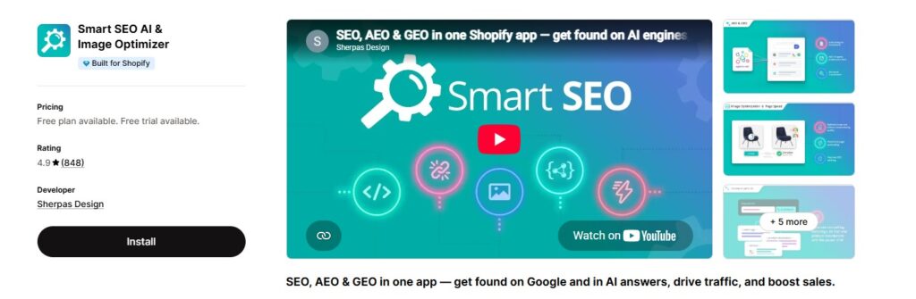 Sherpas Smart SEO app store dashboard