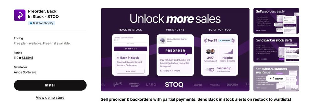 STOQ app shopify dashboard