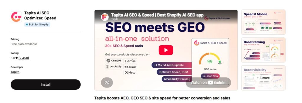  Tapita SEO and Speed Optimizer app store dashboard