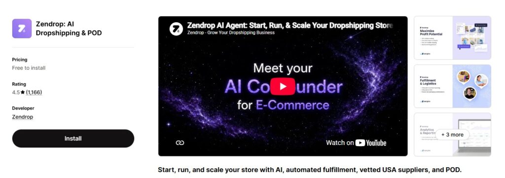 Zendrop AI Shopify App Store Dashboard