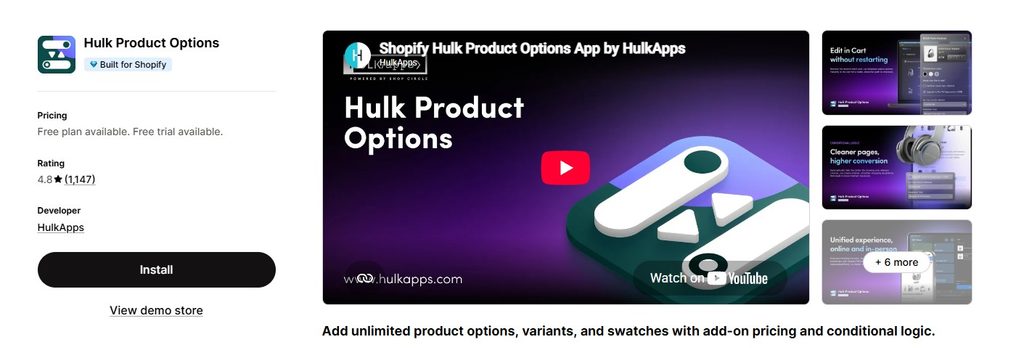 Hulk Product Options Shopify App Store Dashboard