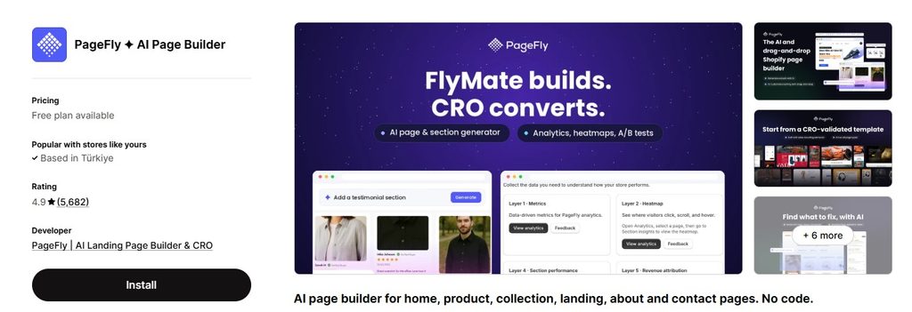 Pagefly Shopify App Store Dashboard