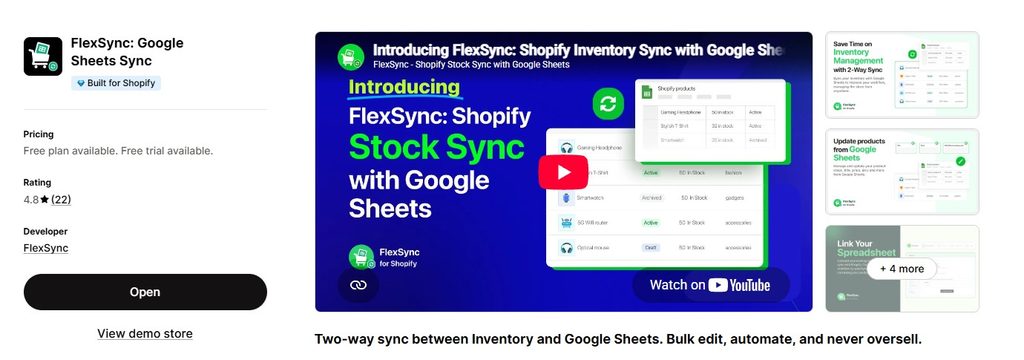 FlexSync Shopify App store Dashboard